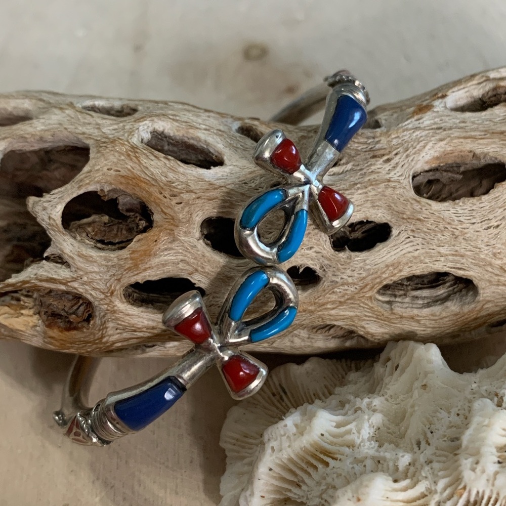 Vintage Sterling Silver Southwestern Ankh Cross Multi Stone Open Hinge Bracelet